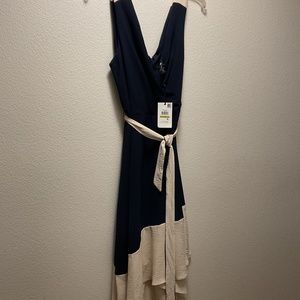 BRAND NEW with TAGS!  DNKY Navy Blue with Cream High/Low Hem Line Size 14